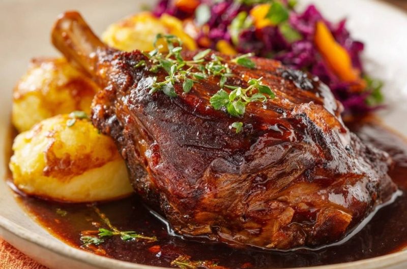 Saftige Lammkeule mit Ofenkartoffeln und Rotkraut