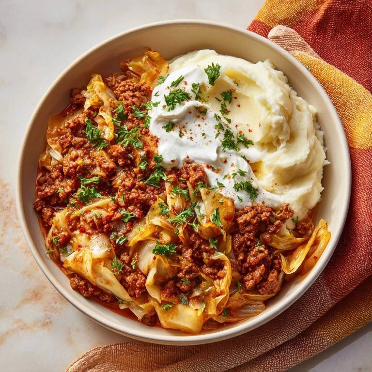 Saftiger Rinderhack mit Weißkohl und Kartoffelpüree