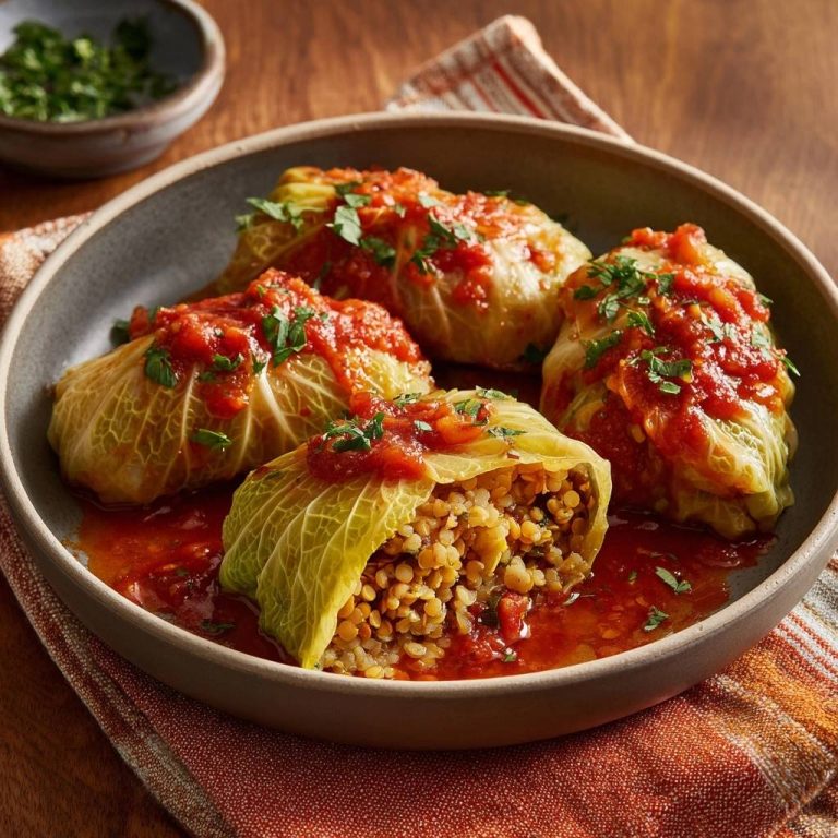 Vegetarische Linsen-Kohlrouladen in Tomatensoße