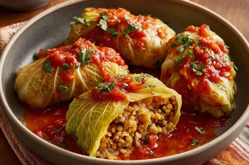 Vegetarische Linsen-Kohlrouladen in Tomatensoße