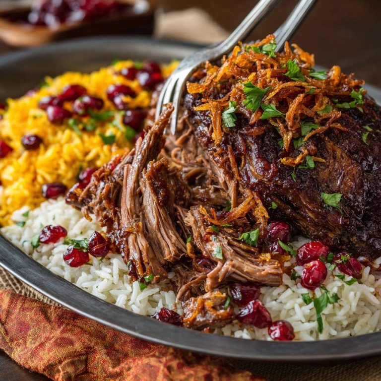 Zartes Lamm mit Safranreis, Granatapfel und knusprigen Zwiebeln