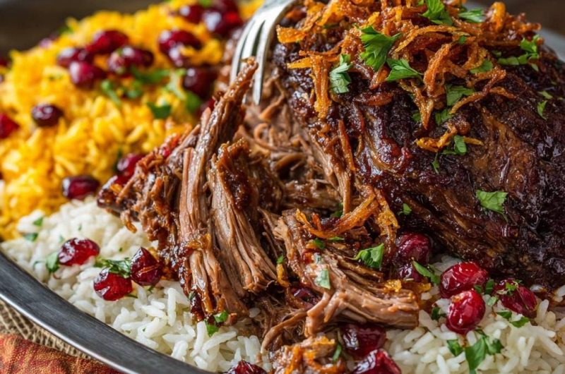 Zartes Lamm mit Safranreis, Granatapfel und knusprigen Zwiebeln