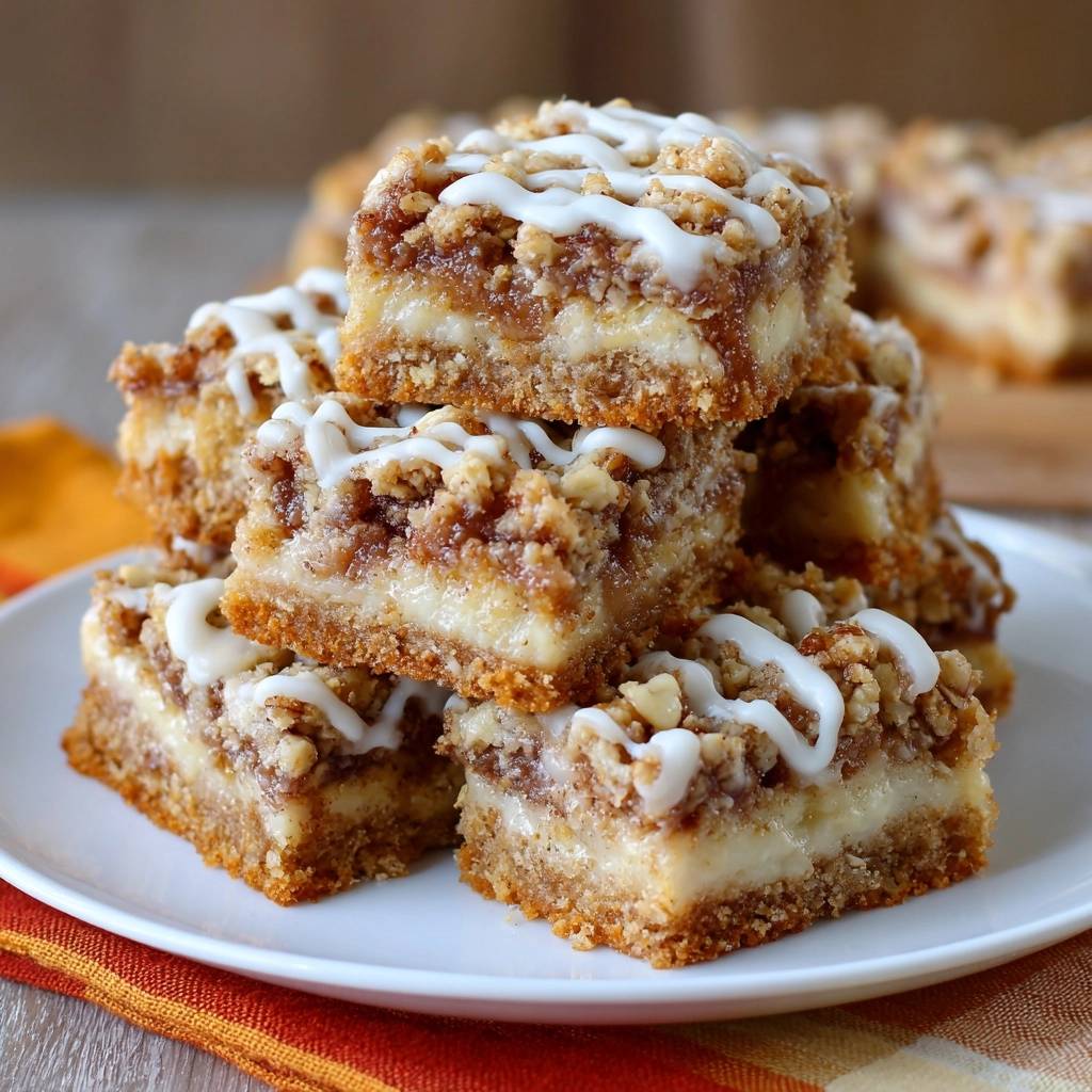 Apfel-Streusel-Cheesecake: Nahaufnahme eines gestapelten Turms mit Ansicht des cremigen Innenlebens und der Streusel-Topping.