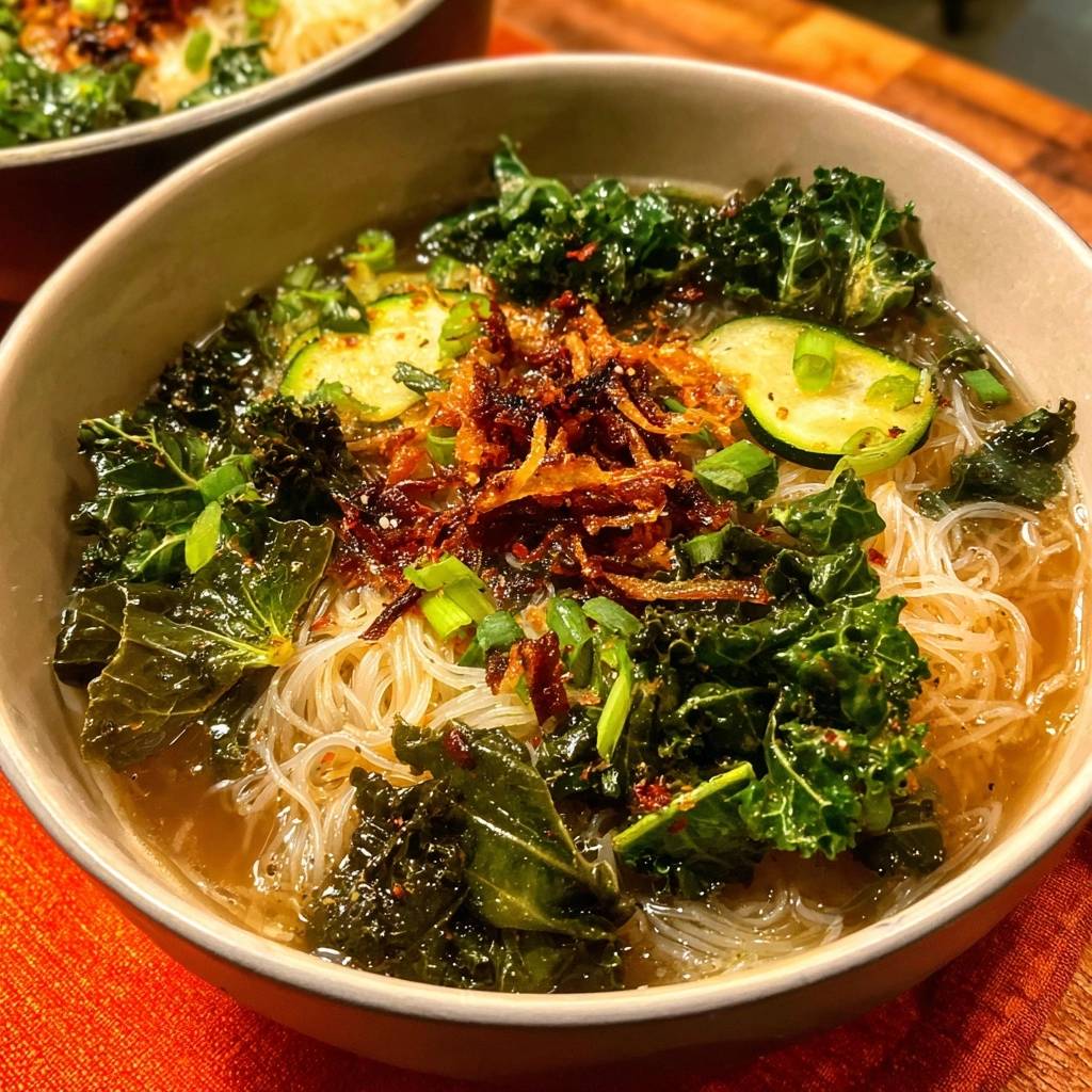 Asiatische Glasnudel-Suppe mit Kale und Zucchini, garniert mit Röstzwiebeln und Frühlingszwiebeln in einer Schüssel.