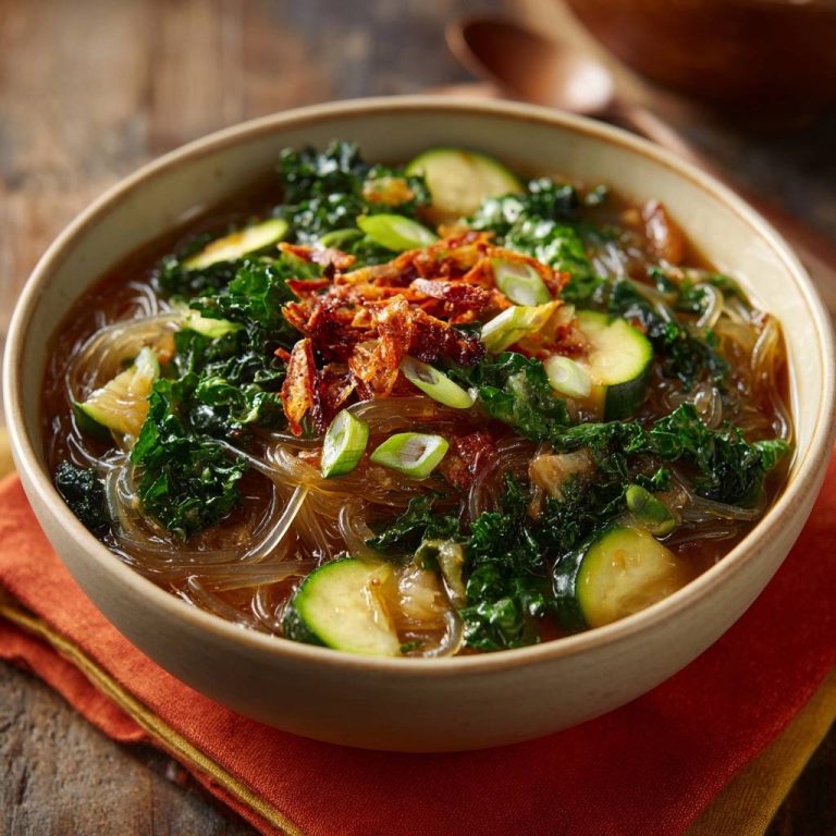 Asiatische Glasnudel-Suppe mit Kale und Zucchini, garniert mit knusprigen Zwiebeln und Frühlingszwiebeln.
