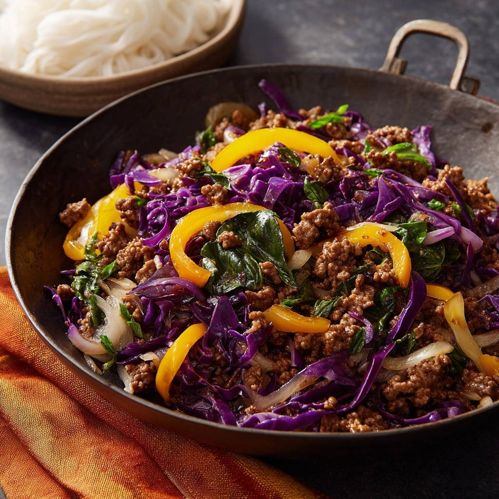 Asiatische Hackfleischpfanne mit Rotkohl & Paprika: Eine köstliche Draufsicht des fertigen Gerichts, serviert in einer rustikalen Pfanne.