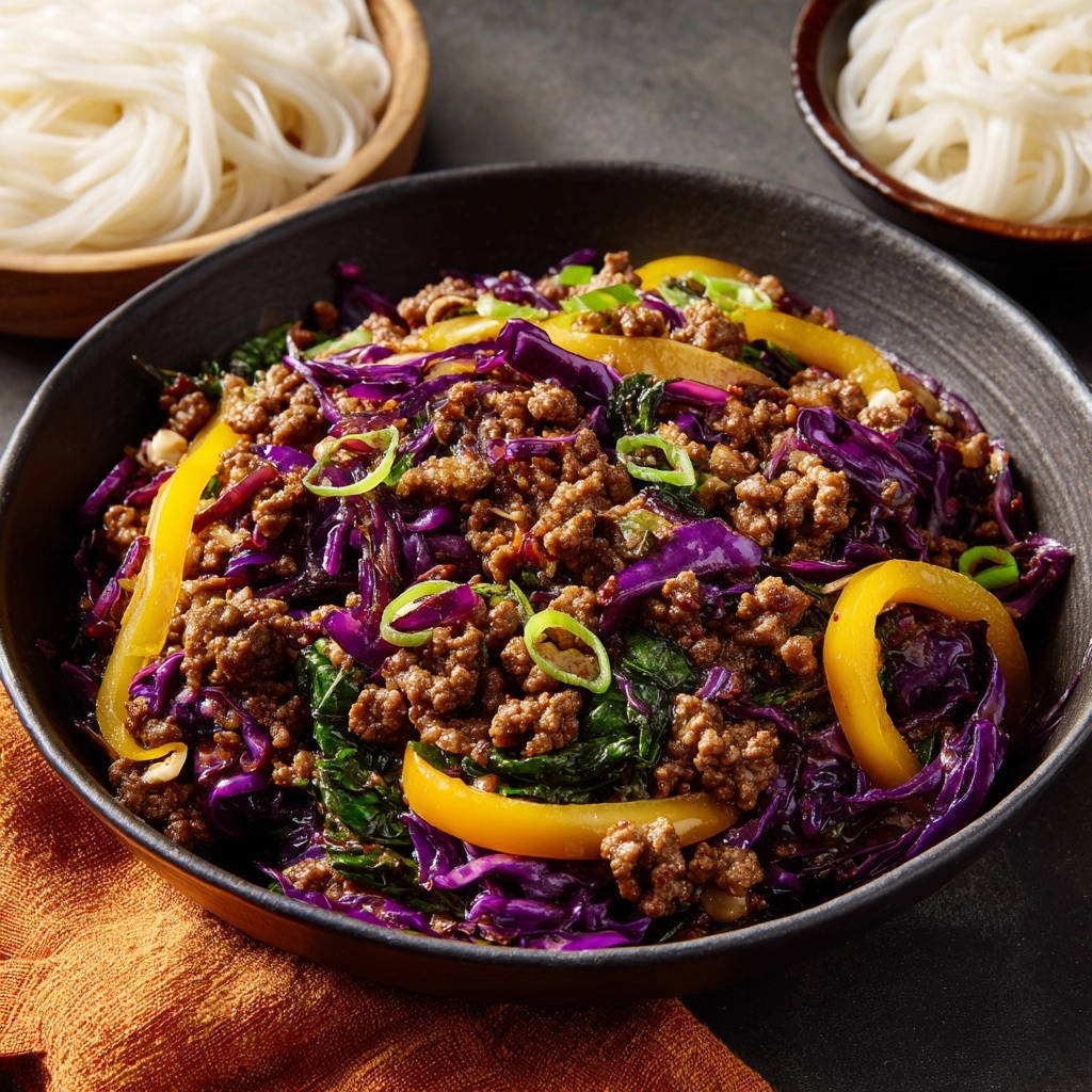 Asiatische Hackfleischpfanne mit Rotkohl & Paprika in einer Schüssel von oben, serviert mit Reisnudeln, garniert mit frischen Frühlingszwiebeln.