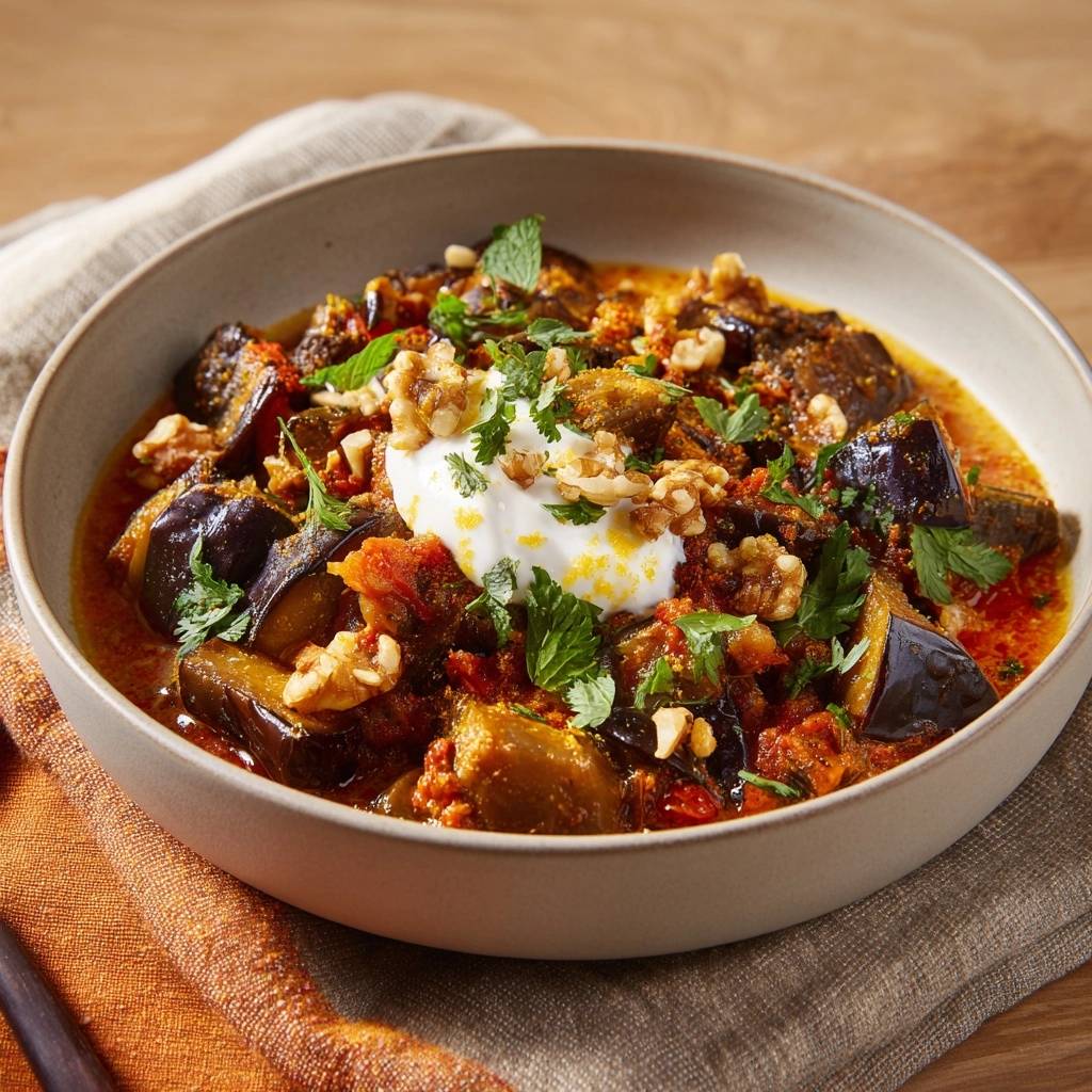 Auberginen Tomaten Eintopf Serviert 1 Auberginen-Tomaten-Eintopf serviert in einer rustikalen Schüssel, garniert mit frischer Minze und gehackten Walnüssen. Ein Klecks cremiger Joghurt rundet das Gericht ab.