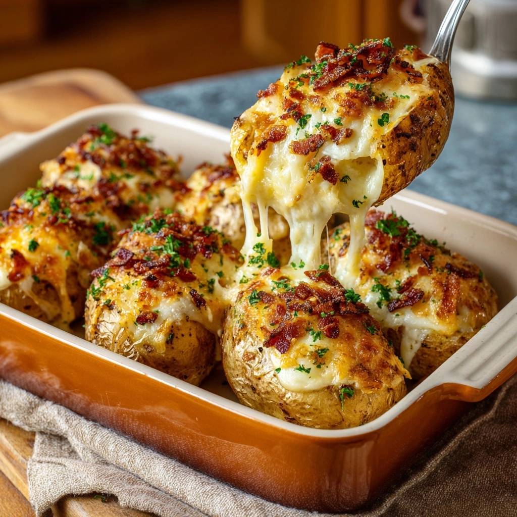 Beladene Ofenkartoffeln Mit Bacon Und Kase Kaese Zieht 1 Beladene Ofenkartoffeln mit Bacon und Käse, knusprig, mit geschmolzenem Käse, der sich von einer Ofenkartoffel in der Auflaufform zieht.