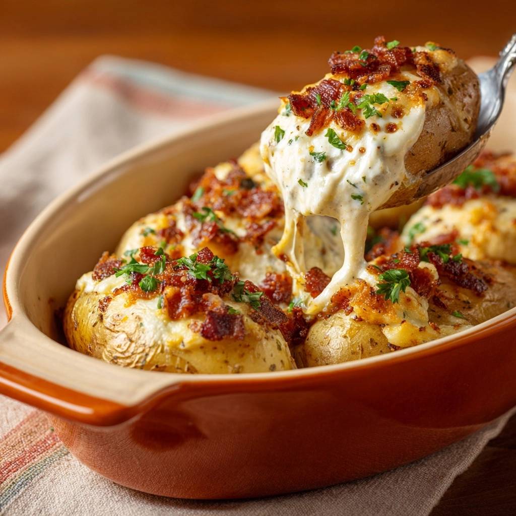 Beladene Ofenkartoffeln mit Bacon und Käse, mit einem Käsefaden, der sich von einer Ofenkartoffel erstreckt und das Gericht verlockend zeigt.