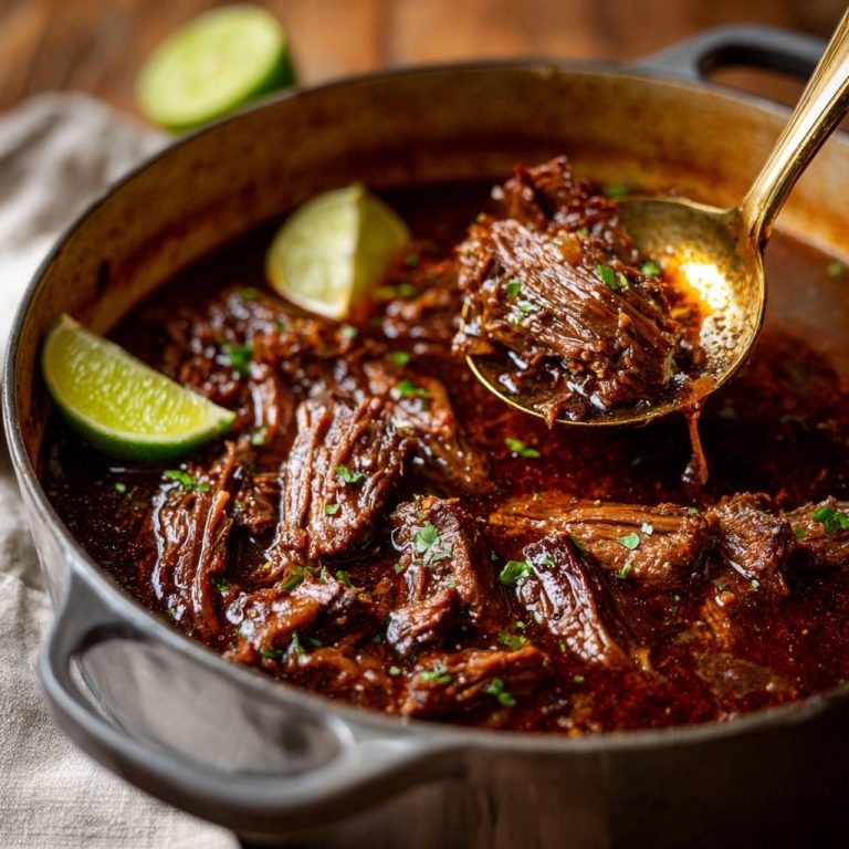 Birria Rindfleisch in einer Gusseisenpfanne, nah aufgenommen. Ein goldener Löffel hebt zartes Fleisch aus der köstlichen Brühe.