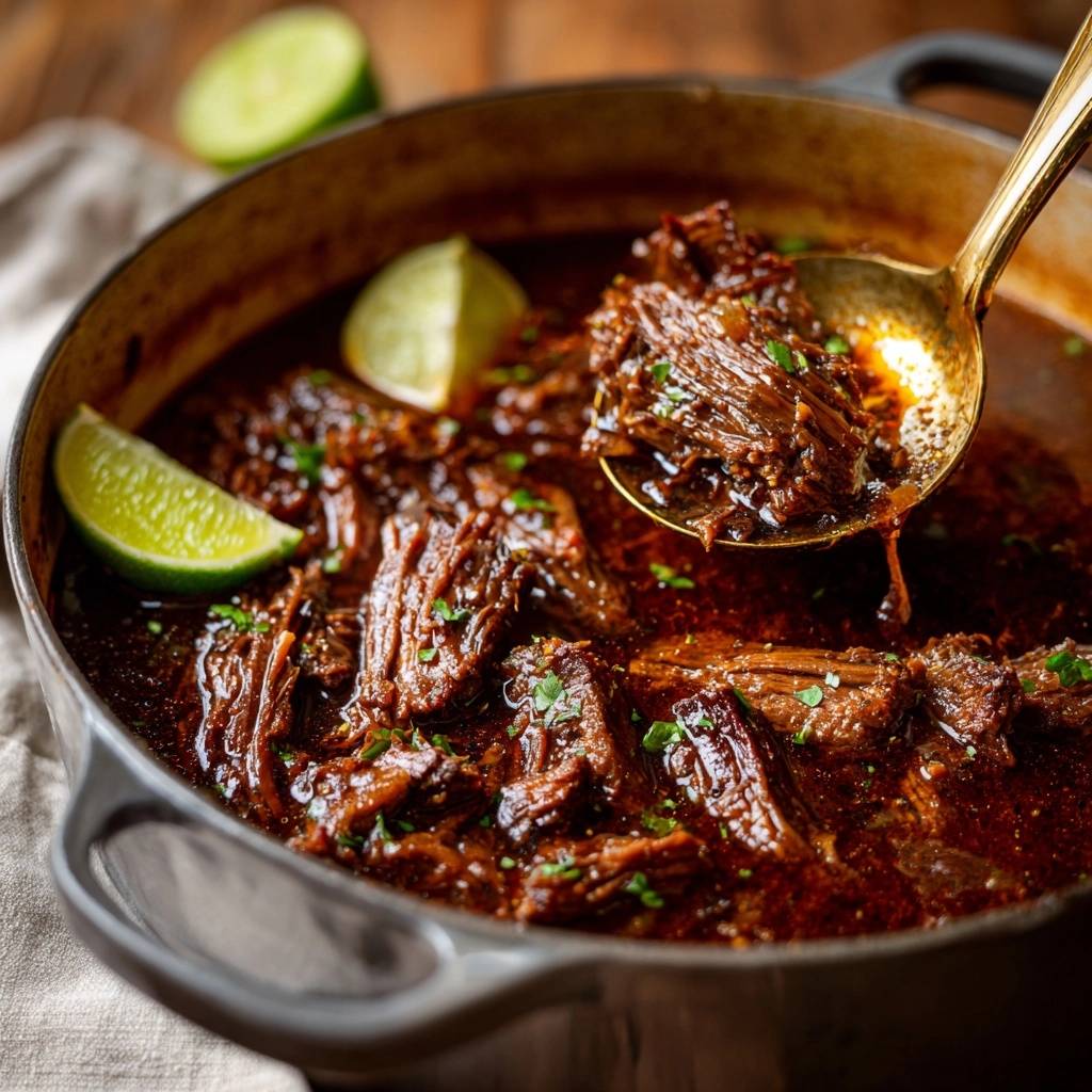 Birria Rindfleisch in einer Gusseisenpfanne, nah aufgenommen. Ein goldener Löffel hebt zartes Fleisch aus der köstlichen Brühe.