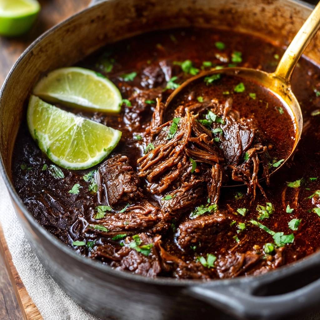 Birria Rindfleisch Nahaufnahme Mit Limette 1 Birria Rindfleisch in einer Gusseisenpfanne, serviert mit Limettenspalten und frischen Kräutern, Nahaufnahme. Ein köstliches Gericht mit zartem Fleisch.