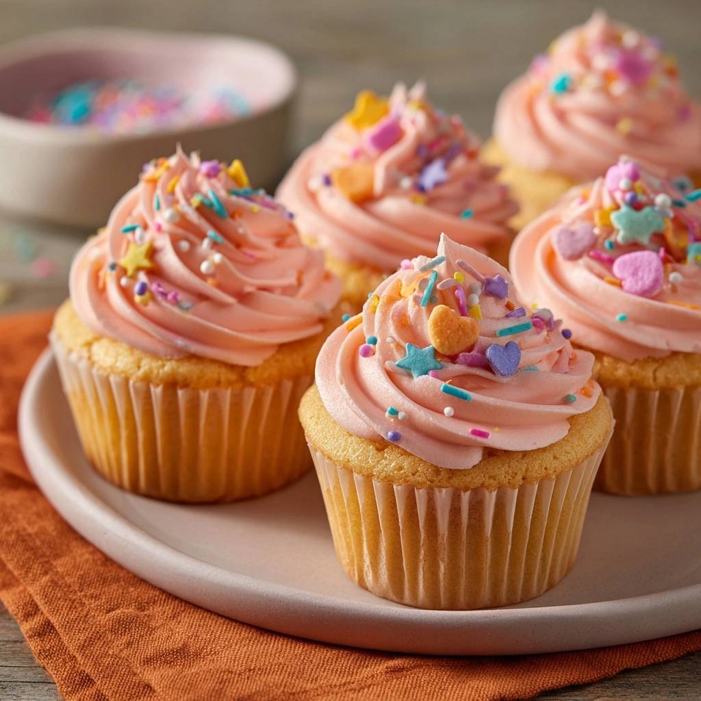 Bunte Vanille-Cupcakes mit Pink-Frosting, garniert mit bunten Streuseln und Herzen, auf einem Teller serviert.
