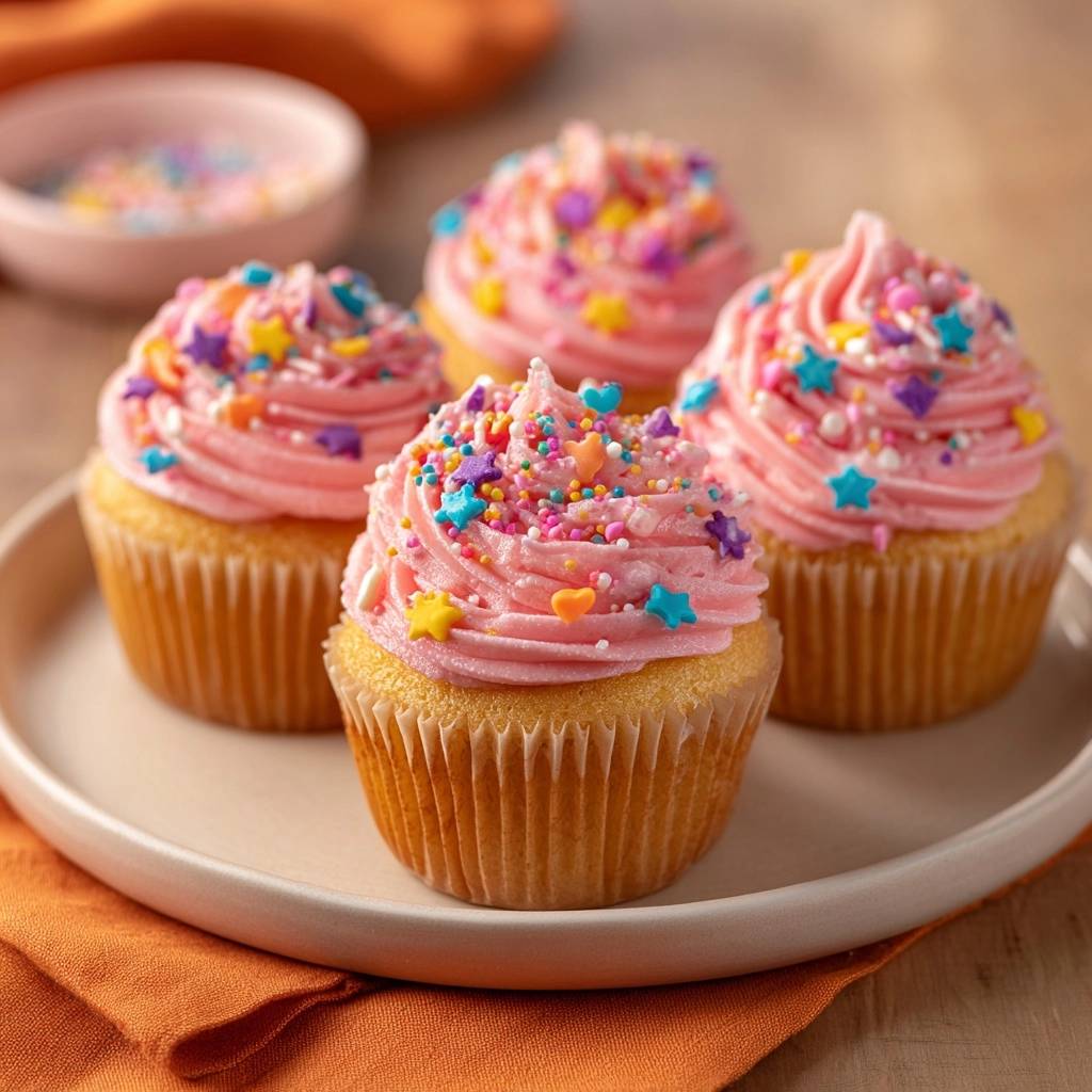 Bunte Vanille Cupcakes Mit Pink Frosting Nahaufnahme Garnier 1 Bunte Vanille-Cupcakes mit Pink-Frosting, nahaufnahme der mit Sternen und Perlen garnierten süßen Leckereien auf einem Teller.