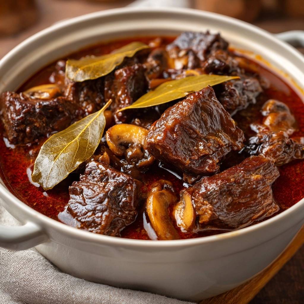 Butterzartes Rindfleischgulasch mit Champignons in Nahaufnahme, serviert in einer weißen Schüssel, garniert mit Lorbeerblättern und Champignons.