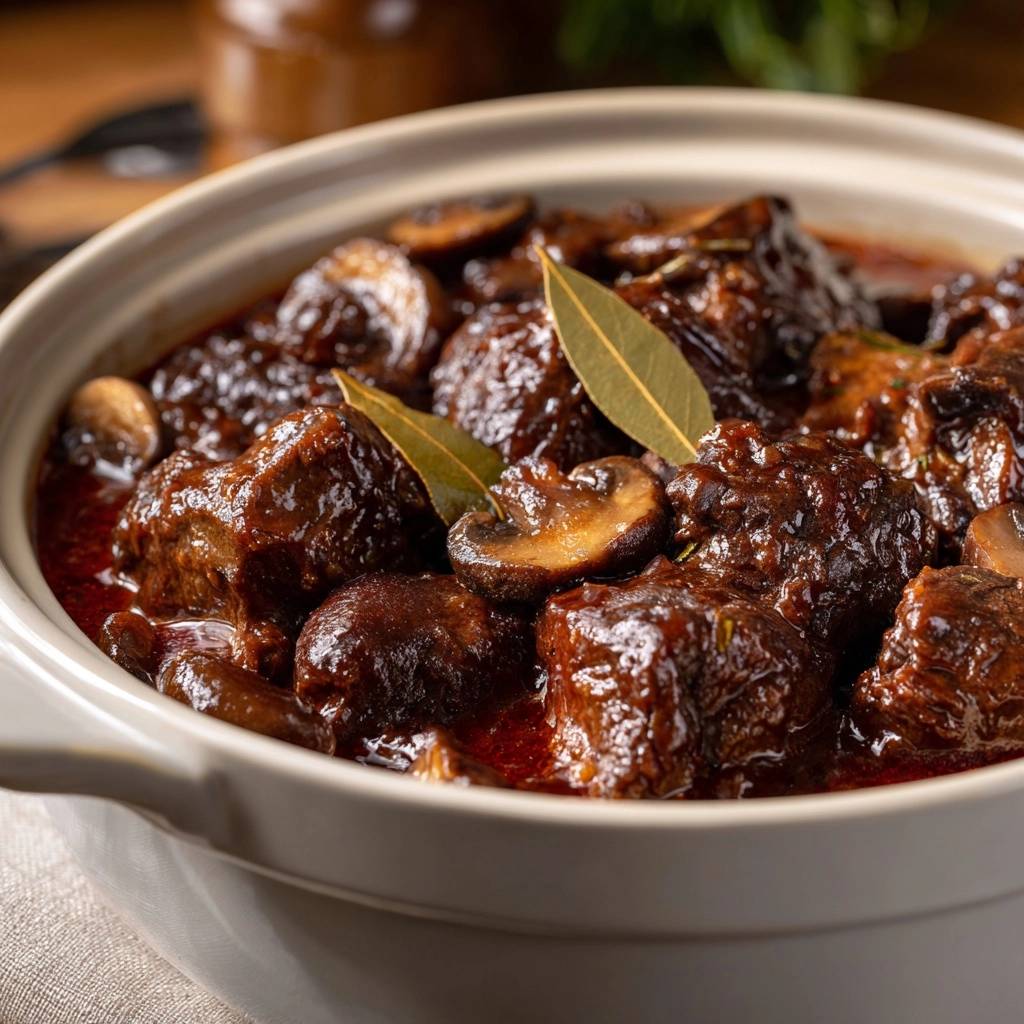 Butterzartes Rindfleischgulasch mit Champignons in Nahaufnahme, dampfend serviert mit frischen Champignons und Lorbeerblättern in einer rustikalen Schüssel.