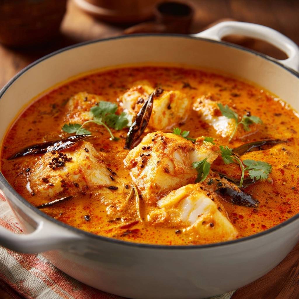Chettinad Haehnchencurry Nahaufnahme In Weisser Schuessel 1 Chettinad Hähnchencurry als Nahaufnahme in einer weißen Schüssel mit saftigen Hähnchenstücken und einer cremigen Sauce.