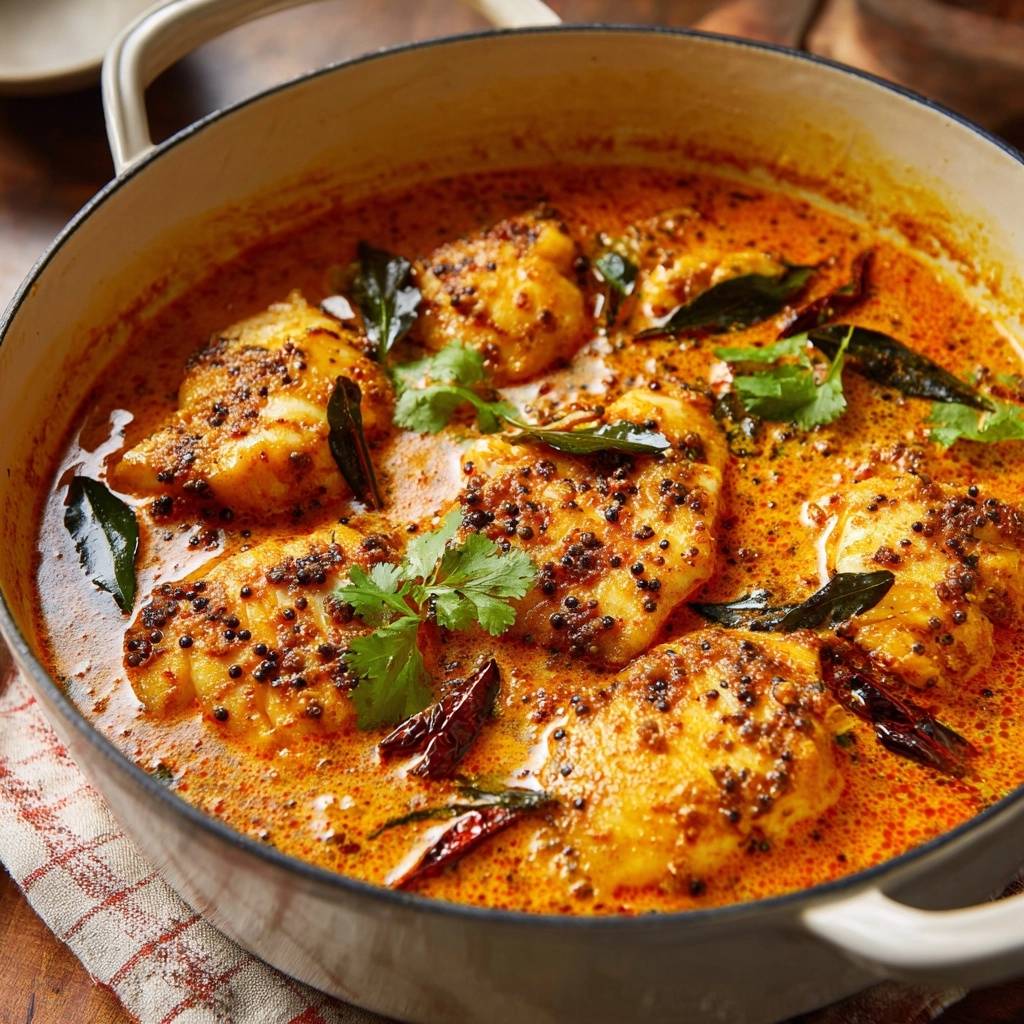 Chettinad Hähnchencurry, serviert in einer Pfanne, zeigt die saftigen Hähnchenstücke in einer cremigen, würzigen Sauce, garniert mit frischen Kräutern.