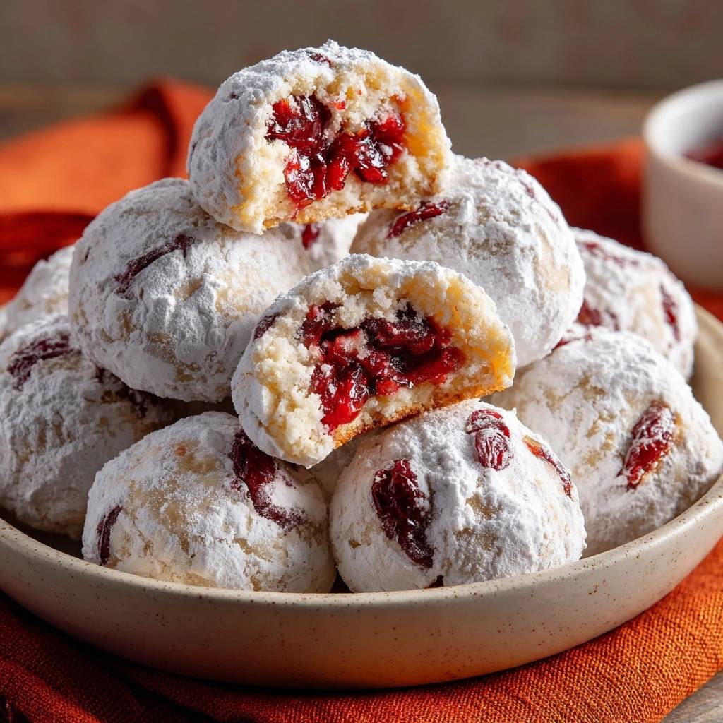 Cranberry-Schneebälle im Nahaufnahme-Querschnitt, der die fruchtige Füllung und den weichen Teig zeigt, perfekt für die Feiertage.