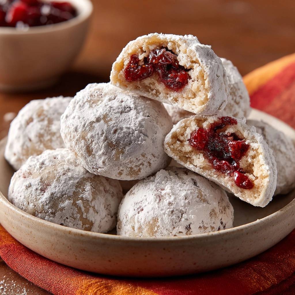 Cranberry-Schneebälle im Nahaufnahme mit einem angeschnittenen Schneeball, der die fruchtige Cranberry-Füllung deutlich zeigt.