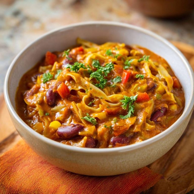 Cremiges Bohnen-Nudel-Curry, serviert in einer cremefarbenen Schüssel, garniert mit frischer Petersilie und roten Paprikawürfeln, von oben fotografiert.