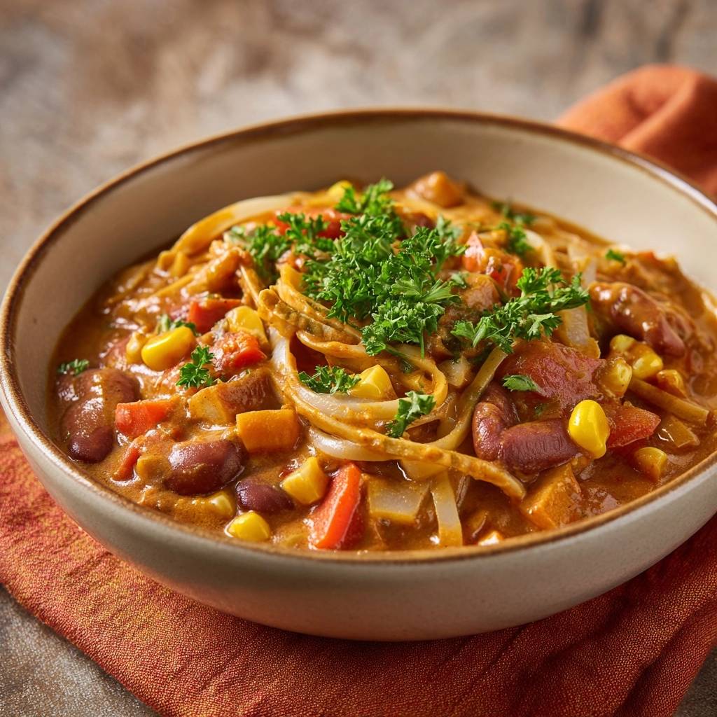 Cremiges Bohnen-Nudel-Curry in einer Schüssel serviert, garniert mit frischer Petersilie und einer Vielzahl von Gemüse.