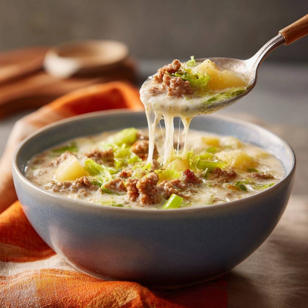 Cremige Kartoffel-Lauch-Suppe mit Hackfleisch auf einem Löffel mit geschmolzenem Käse, der in die Schüssel zurückfließt.