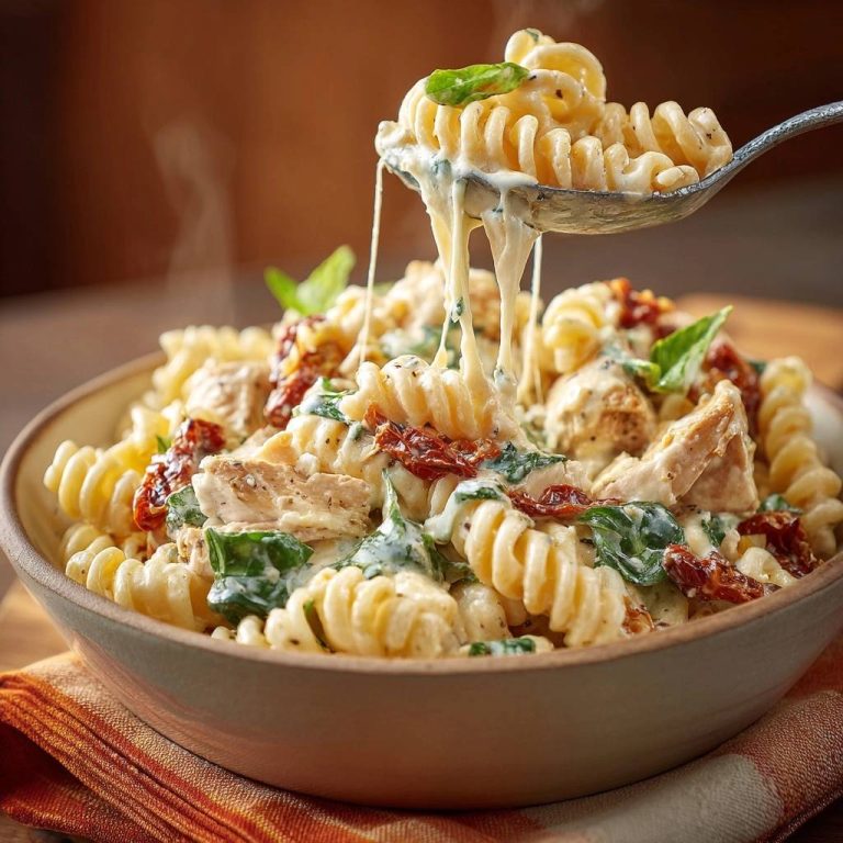 Cremige Fusilli mit Hähnchen, Spinat & Tomaten in Nahaufnahme mit dampfenden Nudeln und geschmolzenem Käse auf einem Löffel.