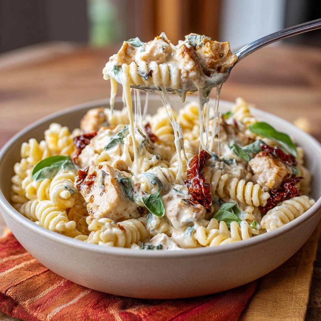 Cremige Fusilli mit Hähnchen, Spinat & Tomaten mit geschmolzenem Käse, der sich von einer Gabel in die Schüssel zieht.