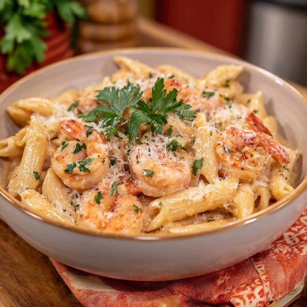 Cremige Garnelen-Penne mit saftigen Garnelen, Parmesan und frischen Kräutern, Nahaufnahme