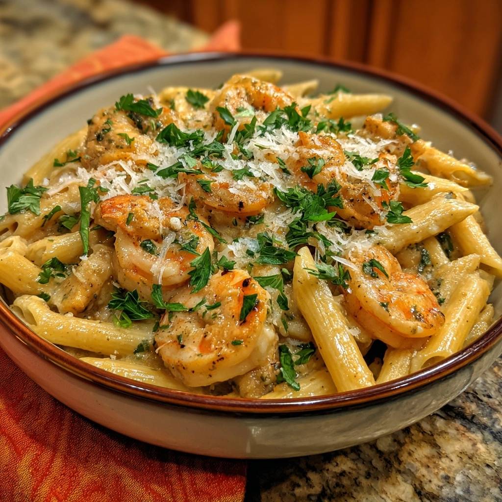 Cremige Garnelen Penne Nahaufnahme Mit Krutern 1 Cremige Garnelen-Penne nahaufnahme mit frischer Petersilie und geriebenem Parmesan garniert, serviert in einer Schüssel.
