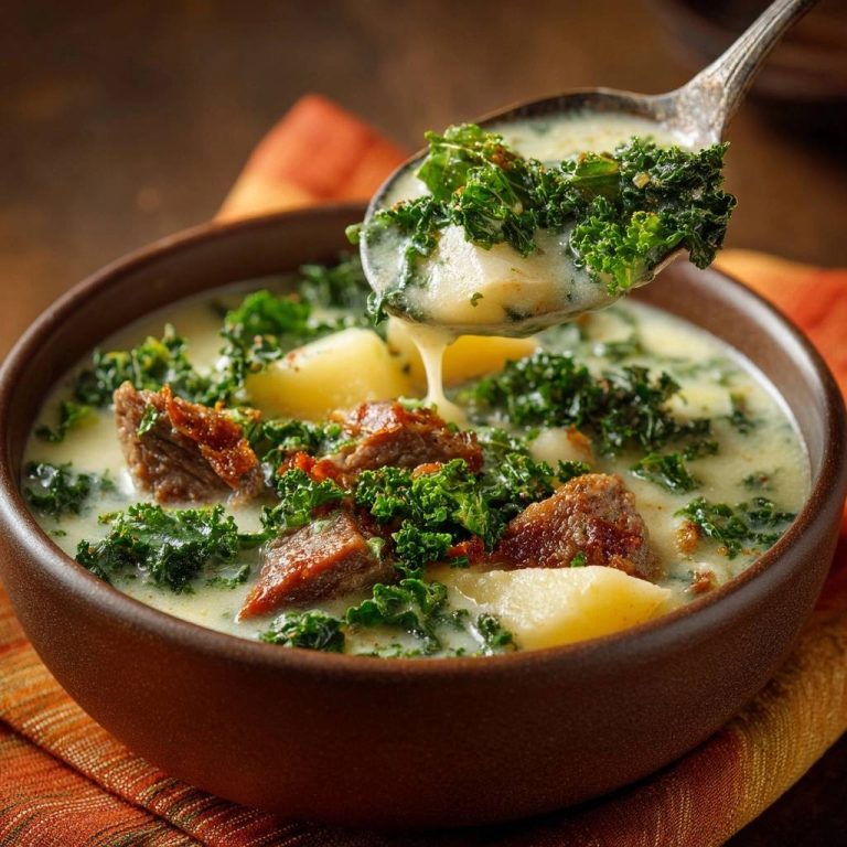 Cremige Grünkohl-Kartoffelsuppe mit Wurst, serviert in einer Schüssel, wird von einem Löffel mit frischem Grünkohl und Kartoffeln abgebildet.
