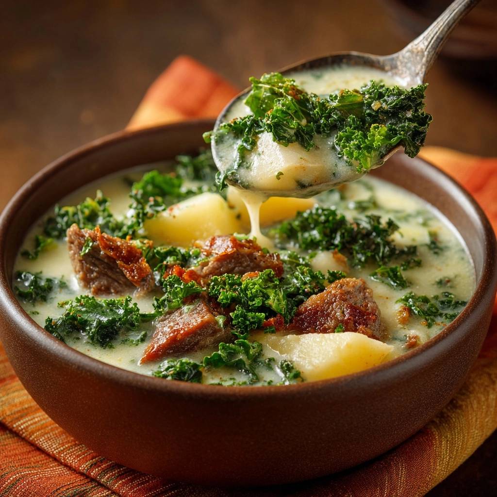 Cremige Grünkohl-Kartoffelsuppe mit Wurst, serviert in einer Schüssel, wird von einem Löffel mit frischem Grünkohl und Kartoffeln abgebildet.