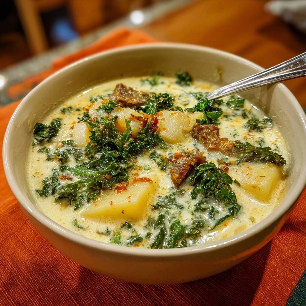 Cremige Grünkohl-Kartoffelsuppe mit Wurst serviert in einer Schüssel, garniert mit frischem Grünkohl und Wurststückchen, bereit zum Genießen.