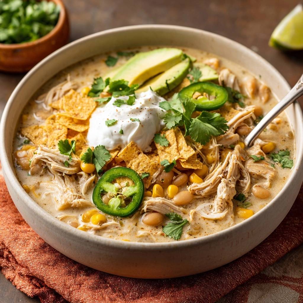 Cremige Huhner Tortilla Suppe Serviert 1 Cremige Hühner-Tortilla-Suppe serviert in einer Schüssel, garniert mit Tortilla-Chips, Avocado, Sauerrahm und Jalapeños. Ein köstliches und sättigendes Gericht.
