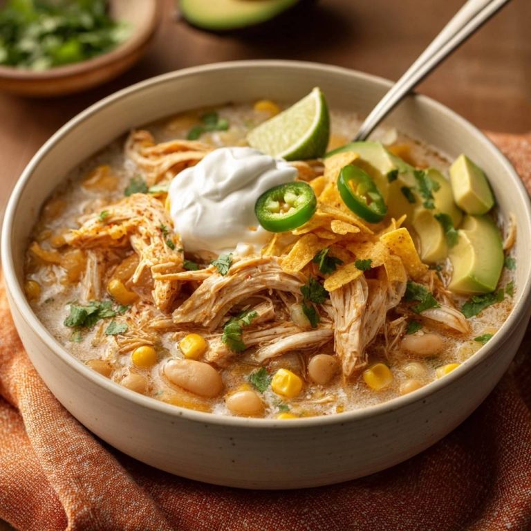 Cremige Hühner-Tortilla-Suppe in einer Schüssel serviert, garniert mit Sauerrahm, Avocado und Jalapeños. Ein leckeres und sättigendes Gericht.
