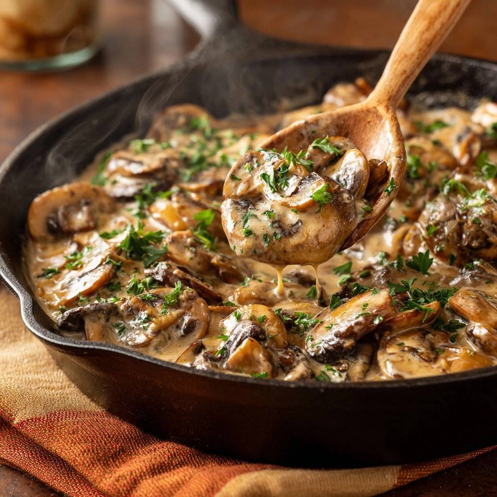 Cremige Kaese Champignons Nahaufnahme Auf Loeffel 1 Cremige Käse-Champignons in einer gusseisernen Pfanne, serviert mit frischer Petersilie und auf einem Holzlöffel. Die cremige Soße tropft verführerisch ab.