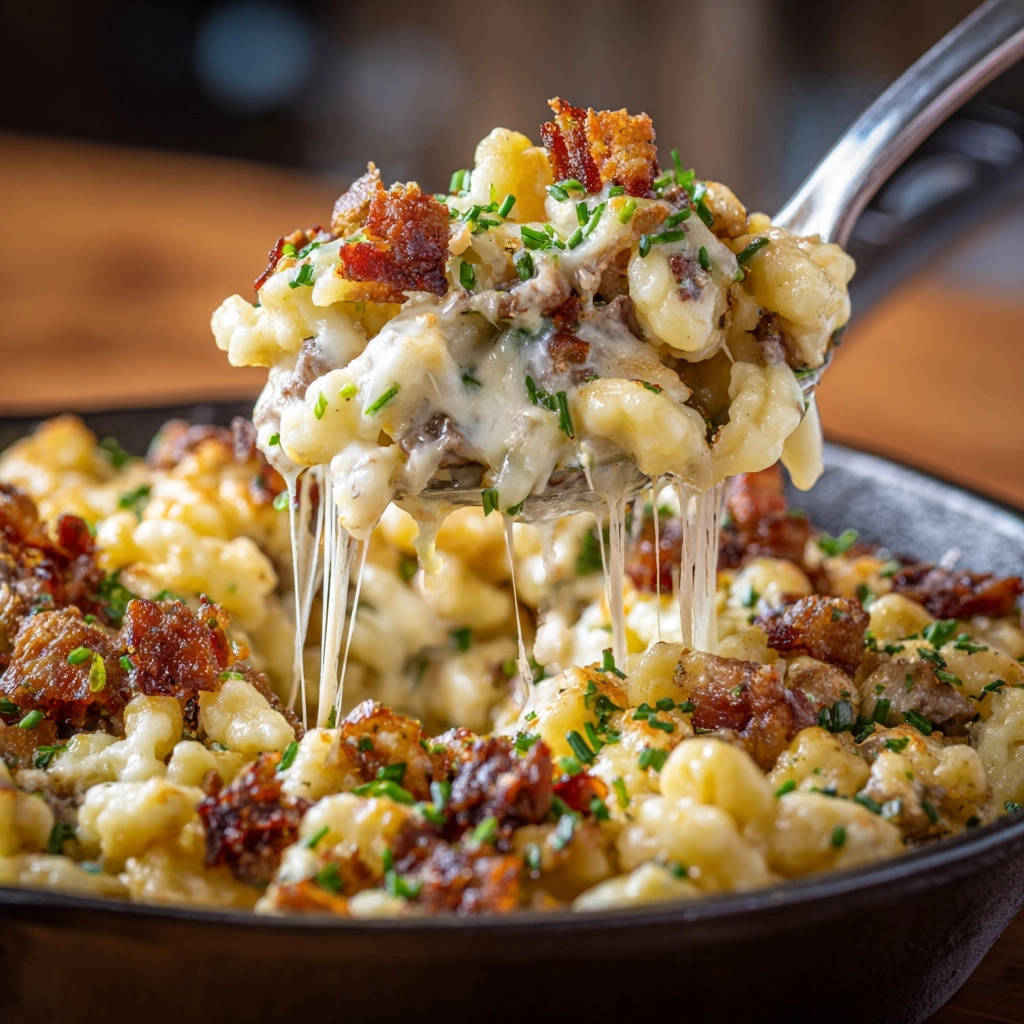 Cremige Kaesenudeln Mit Knusper Bacon Lffel Nahaufnahme 1 Cremige Käsenudeln mit Knusper-Bacon in Nahaufnahme, serviert auf einem Löffel, mit geschmolzenem Käse und knusprigem Bacon.