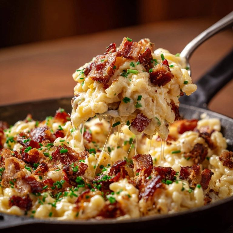 Cremige Käsenudeln mit Knusper-Bacon, serviert aus einem Löffel, sind ein köstliches Gericht mit geschmolzenem Käse und knusprigem Speck.