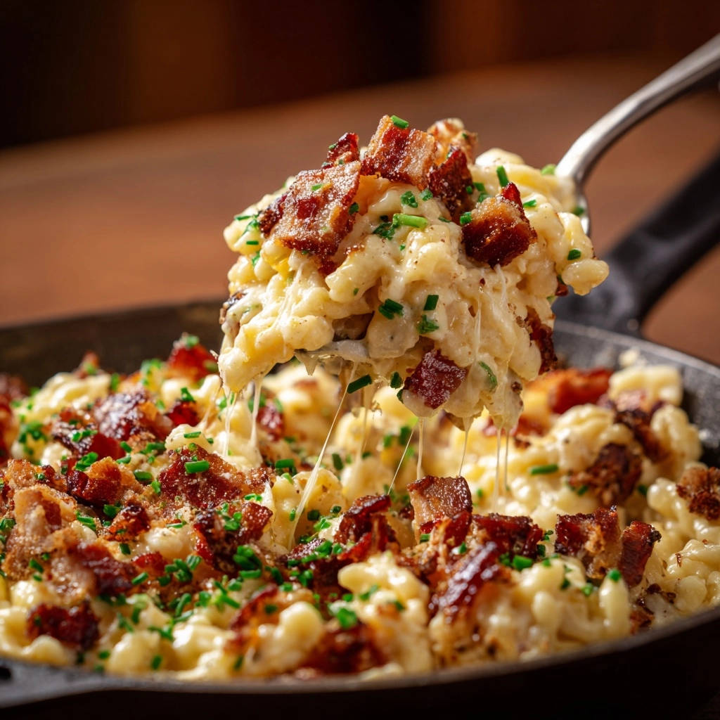Cremige Käsenudeln mit Knusper-Bacon, serviert aus einem Löffel, sind ein köstliches Gericht mit geschmolzenem Käse und knusprigem Speck.