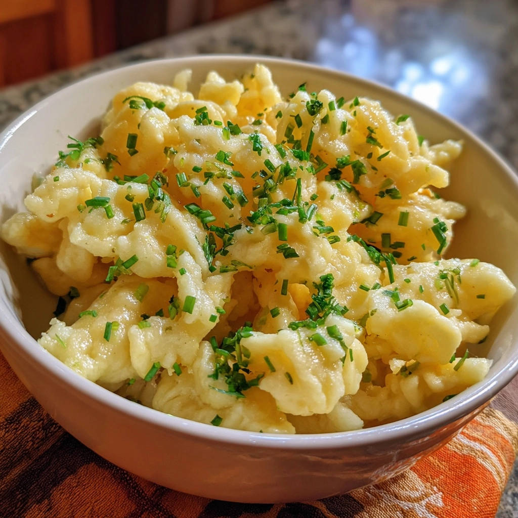 Cremige Kaesespaetzle Nahaufnahme Garniert 1 Cremige Käsespätzle in einer Nahaufnahme, frisch mit Schnittlauch garniert und serviert, ein Genuss für Feinschmecker.