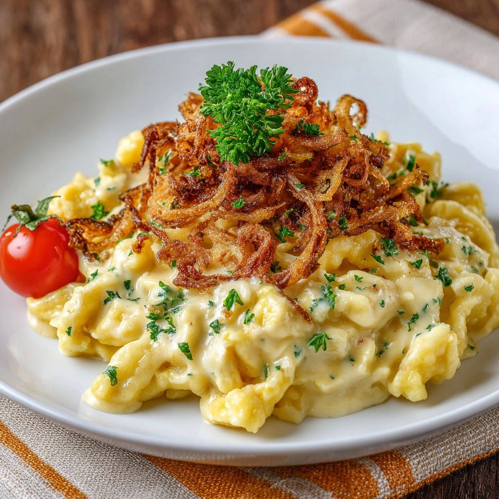 Cremige Kaesespaetzle Serviert Mit Zwiebeln 1 Cremige Käsespätzle serviert auf einem Teller mit knusprigen Röstzwiebeln und frischer Petersilie garniert. Ein herzhaftes Gericht zum Genießen.