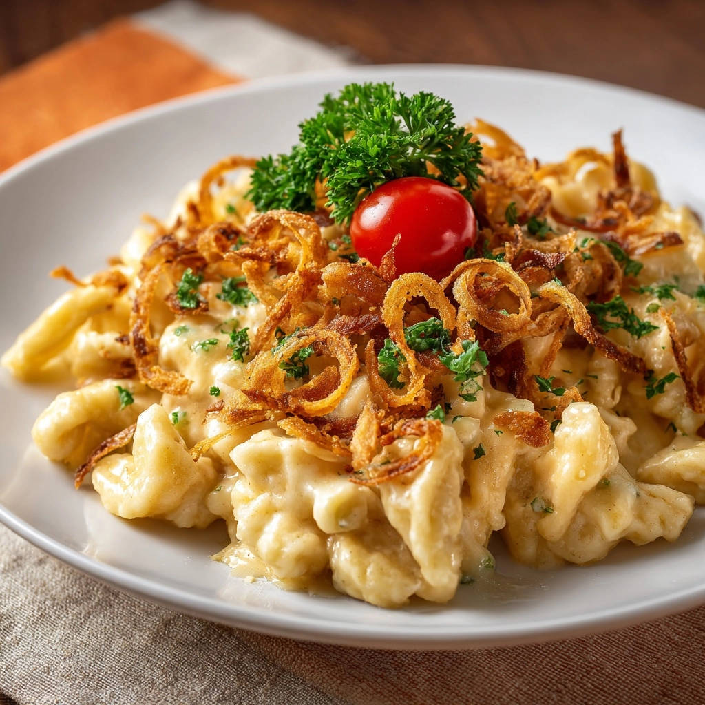 Cremige Käsespätzle, serviert auf einem weißen Teller, garniert mit knusprigen Zwiebelringen, frischer Petersilie und einer Tomate.