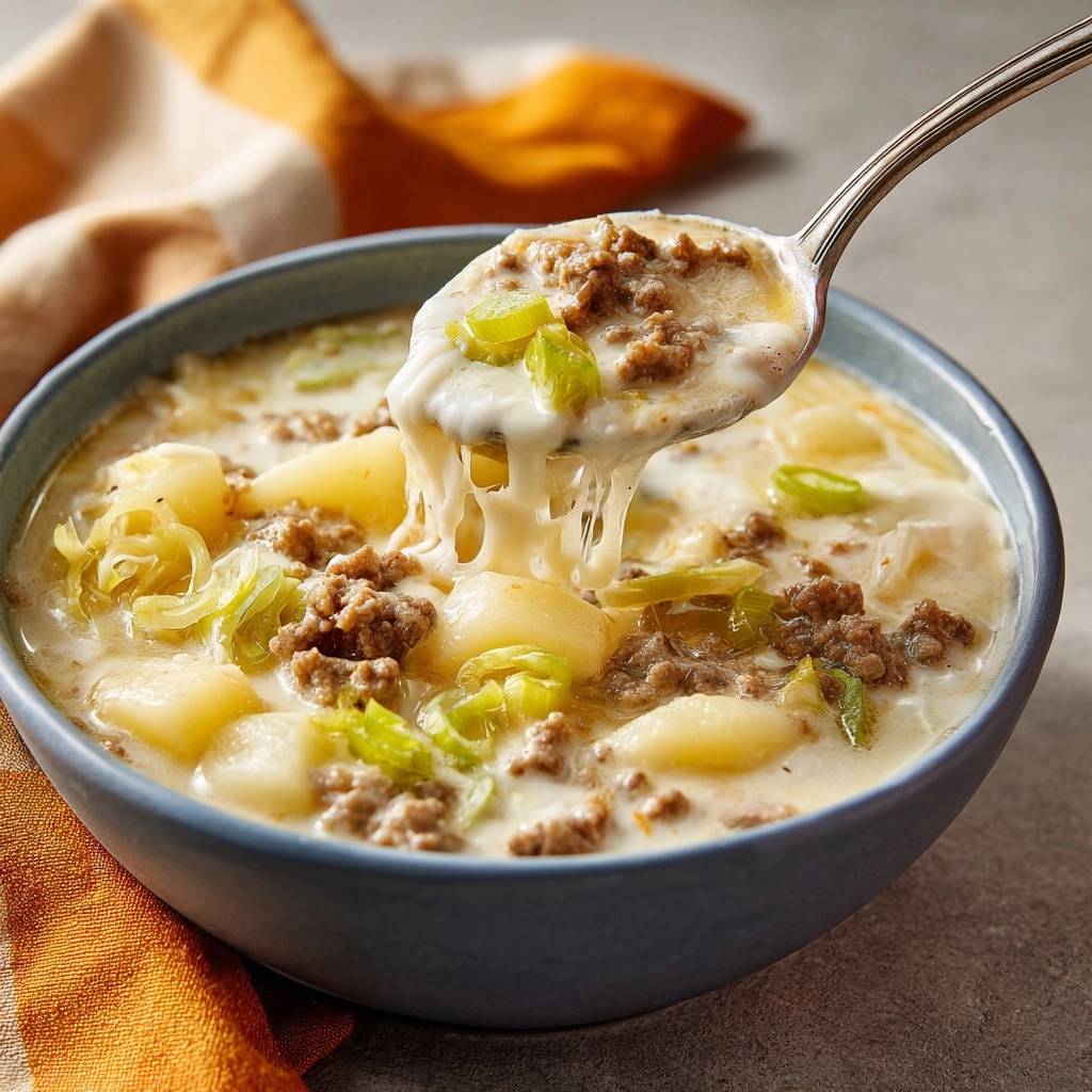 Cremige Kartoffel-Lauch-Suppe mit Hackfleisch, die mit geschmolzenem Käse und einem Löffel voller Zutaten aus einer blauen Schüssel gehoben wird.