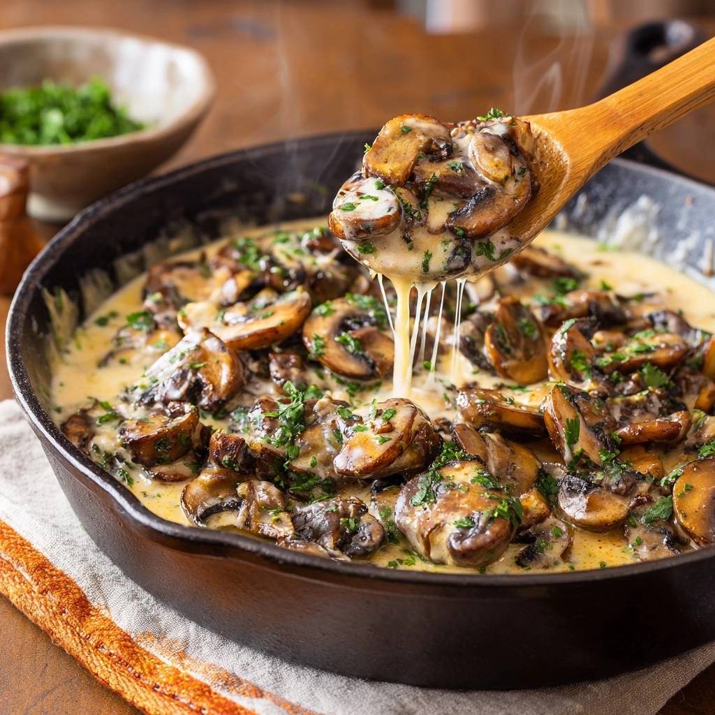 Cremige Käse-Champignons werden gerade von einem Holzlöffel gehoben, wobei der geschmolzene Käse in Fäden herabläuft.