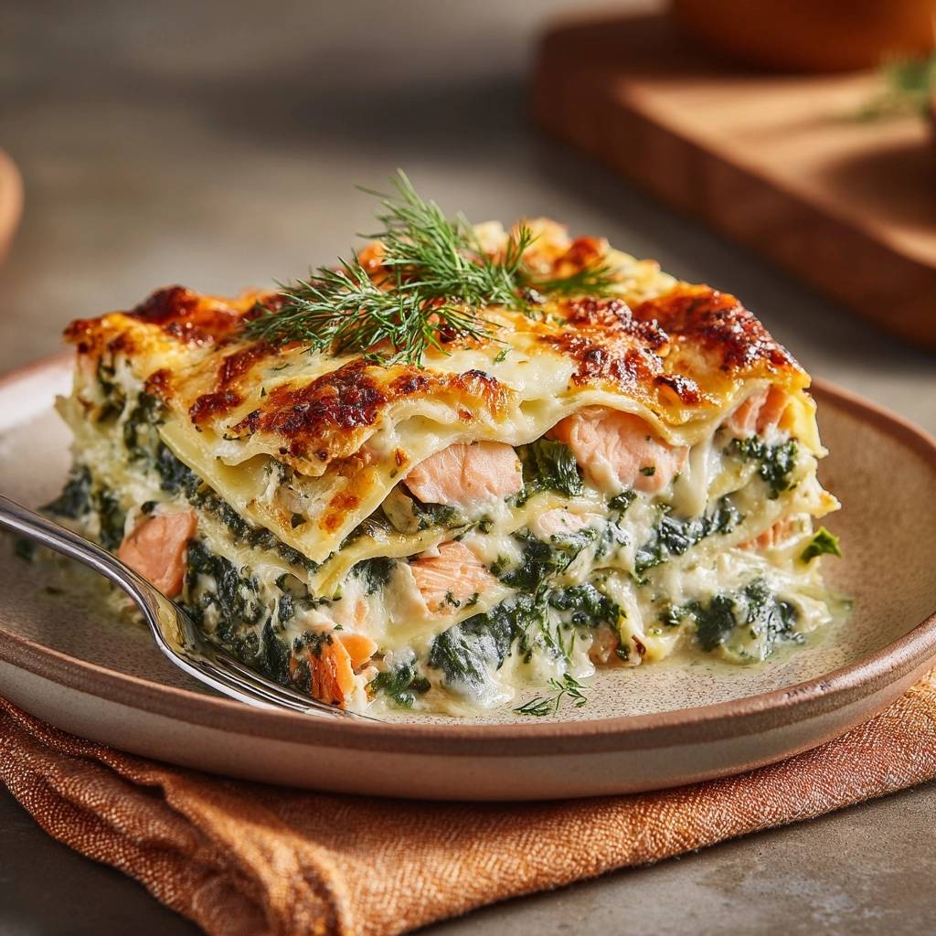 Cremige Lachs-Spinat-Lasagne in Nahaufnahme: Ein saftiger Querschnitt zeigt die geschichteten Zutaten mit Lachs, Spinat und Käse.