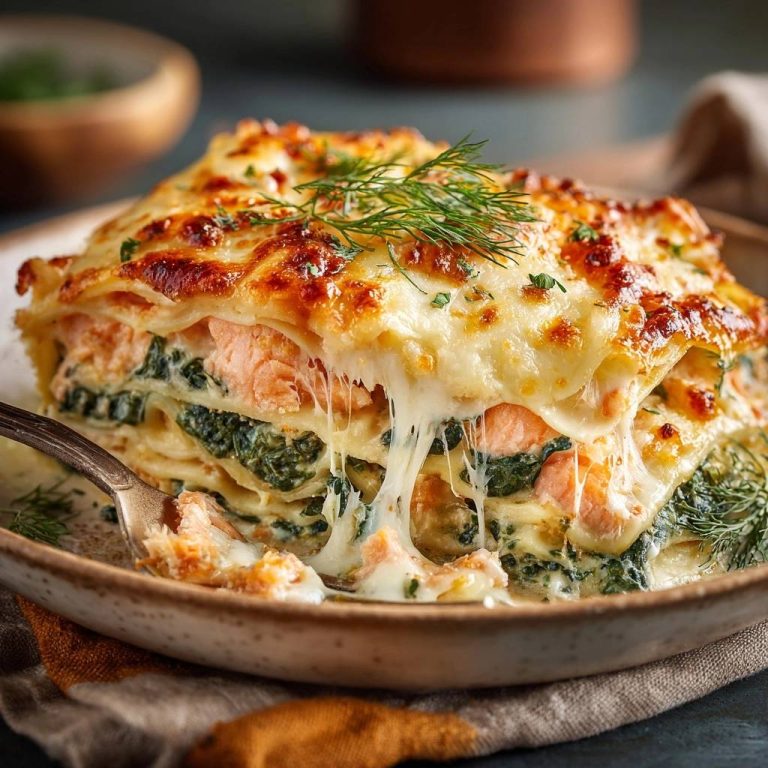 Cremige Lachs-Spinat-Lasagne in Nahaufnahme, mit geschmolzenem Käse und einem Blick auf die saftige Füllung. Ein unwiderstehlicher Genuss.