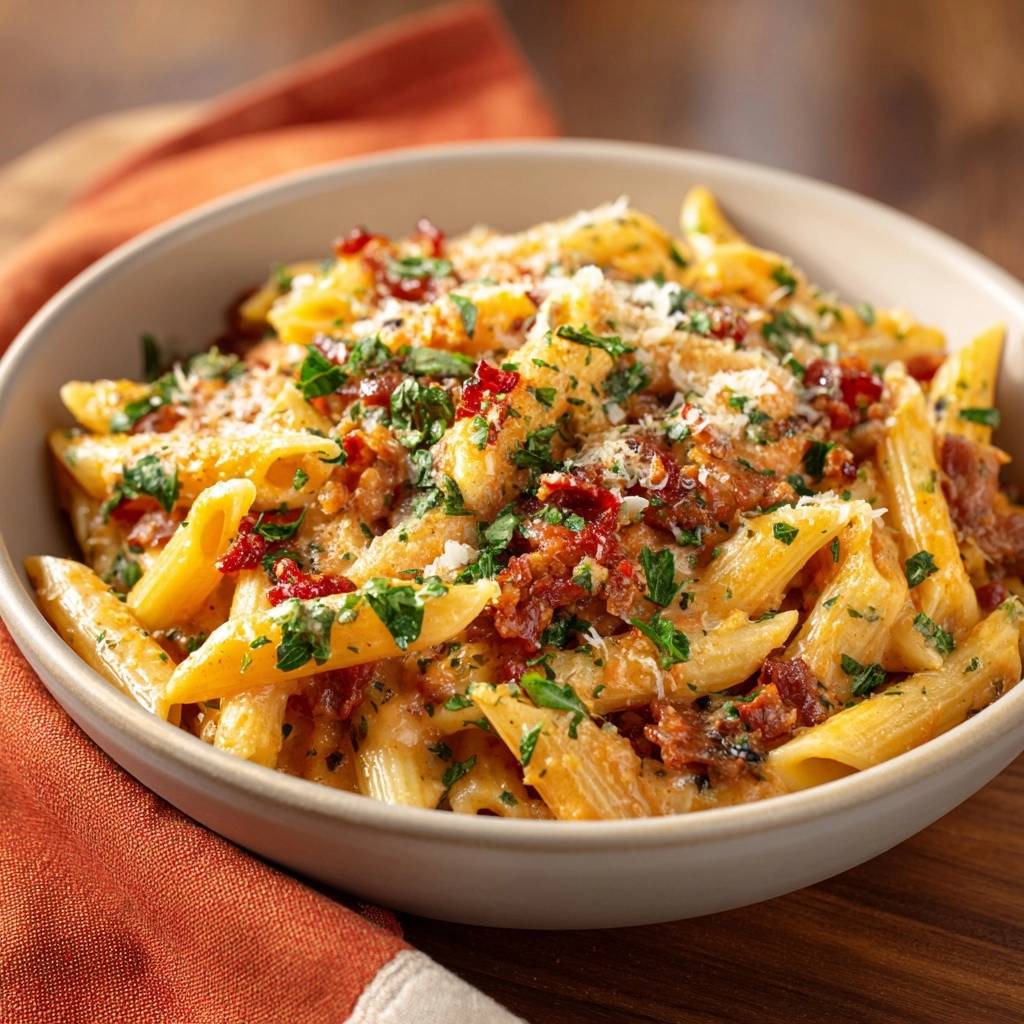 Cremige Penne mit Speck und Sonnentomaten, nahaufnahme der garnierten Pasta in einer Schüssel.
