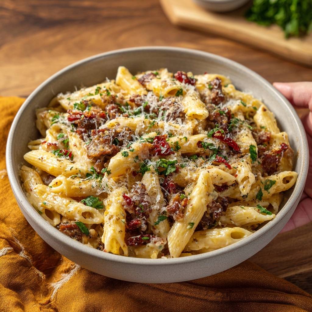 Cremige Penne mit Speck und Sonnentomaten in einer Schüssel, nahaufnahme der Textur von Nudeln und Zutaten.